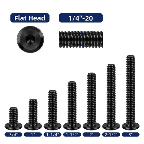 Flat Head Socket Head Screws For Furniture Bolts Set In Stainless Steel 304 With Black Oxide Finish Fully Threaded Countersunk Connectors One Quarter Twenty Threads Per Inch By Three Quarter Inch Length 25 Pieces MewuDecor.