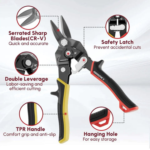 Left Straight Right Tin Snips Set 8 Inch for metal sheet cutting with serrated CR-V blades, ergonomic handle, double leverage design details.