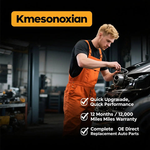 Mechanic in orange overalls working on car engine with text overlay about quick performance and warranty.