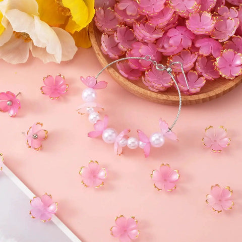 Pink Gradient Cherry Blossom Bead Set, 100 Pcs 5-Petal Acrylic Flower Beads for Bracelets, Earrings, Jewelry Making