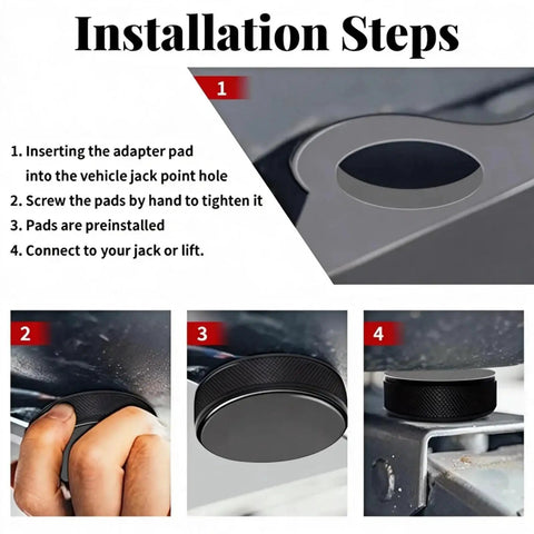 Installation steps for Lifting Jack Pads For Model 3 Y S X Cars Waterproof Pucks With Case 4 Pack showing close-up views