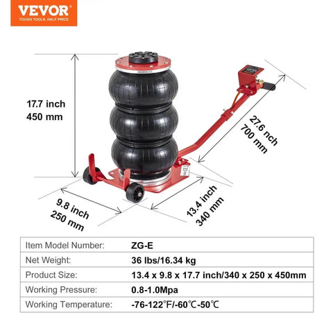 Three Ton Triple Bag Air Jack with six steel tubes, lifts up to 17.7 inches in 3 to 5 seconds, pneumatic lift for cars, durable handles.