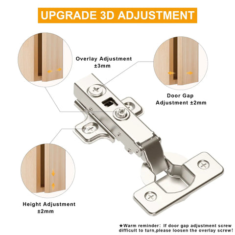 2 Pack Frameless Full Overlay Soft Close Cabinet Hinges With 35mm Cup Adjustable Clip On Plate Nickel Finish showing 3D adjustments