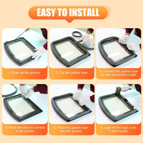 Wood stove door gasket kit, 1-inch gray fiberglass seal; six-step install guide with rope, tape, silicone cement.