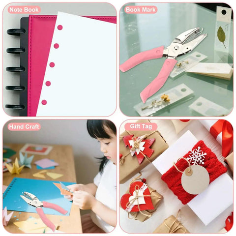 1/4 Inch Circle Hole Punch Handheld Paper Punch With Grip Handle for crafts and scrapbooking, showing use on projects and gifts