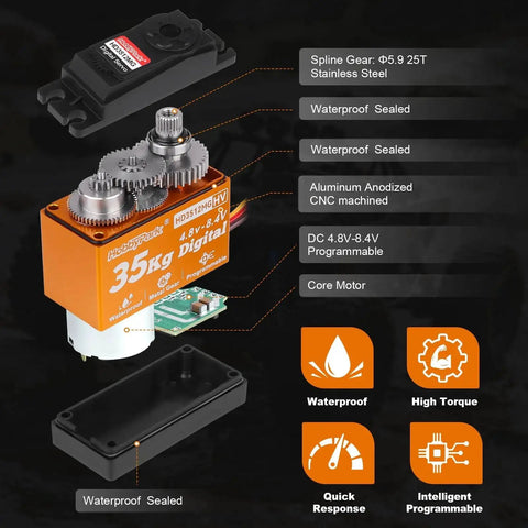 Front view of HobbyPark 35kg high-torque waterproof metal-gear servo with orange anodized housing and exposed gears