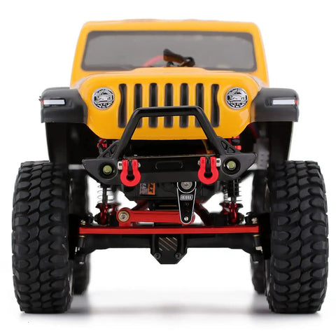 Front view of a yellow RC car with Beefy RC Servo Steering With Mount And Horn For AX24 RC Car Boat And Axial SCX24 Upgrade Parts.