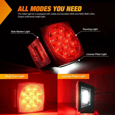 LED Trailer Light Kit 2 Pack Square Stop Turn Tail Side Marker Lights With Beefy Steel Mounting Box And License Plate Bracket illuminated