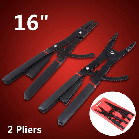 Heavy Duty 16 Inch Circlip Pliers Set 2 Pack Internal and External Snap Ring Pliers With 0 15 45 90 Degree Tips displayed on red background