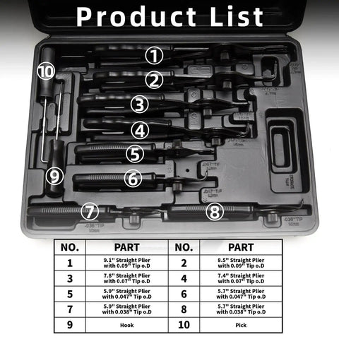 10 Piece Snap Ring Pliers Set Heavy Duty Internal And External Circlip Pliers Kit With Straight And Bent Jaw Tips Hook Pick Gloves And Storage Case For Quick Ring Installation And Removal in storage case