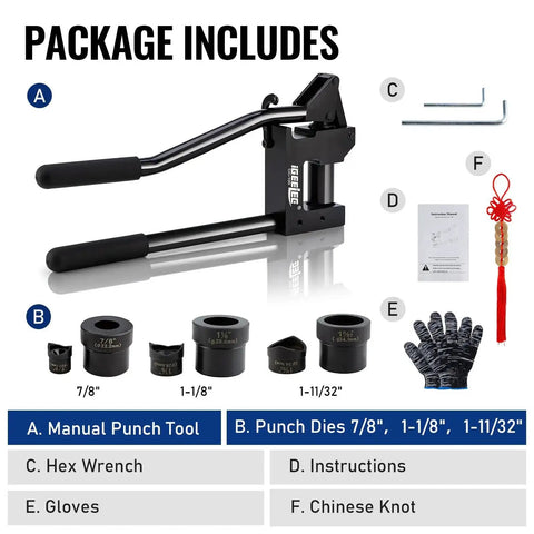 Package contents of Heavy Duty Stud Punch Set For Sheet Metal 7/8, 1-1/8, 1-11/32 Inch Holes, 20GA Steel, Lever Puncher Kit CC-100