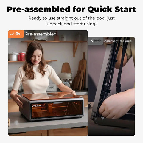 Woman with Falcon A1 10W Laser Engraver With Enclosed 80W Cutter, air assist, smart setup, ideal for wood and metal projects.