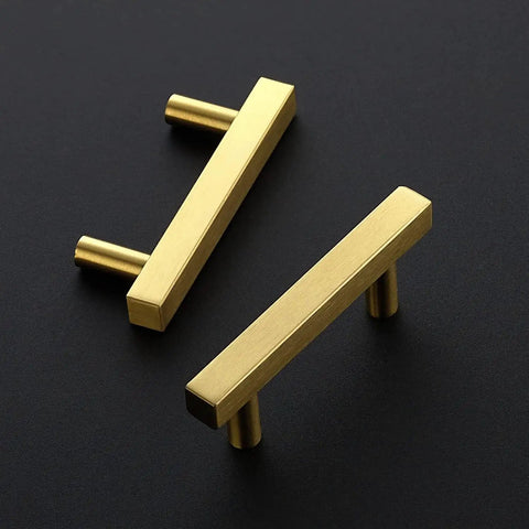 Gold Brushed Brass Square Cabinet Pulls 2-1/2 Inch Center-to-Center, 4 Inch Overall Length displayed on black background