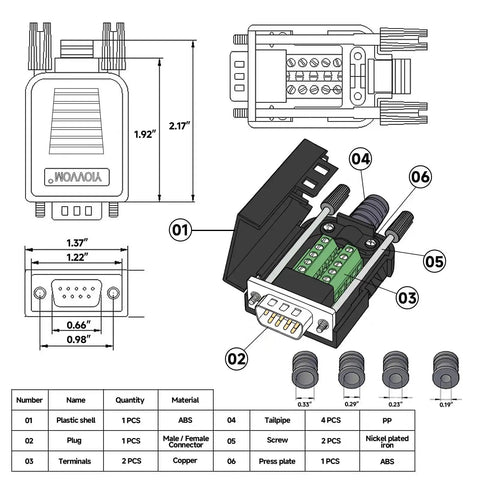 Diagram of DB9 Breakout Connector for RS232 and RS485, Solderless D Sub Serial Adapter Board With Case, showing dimensions and parts