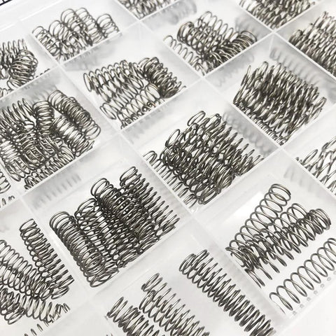 Compression spring assortment kit with stainless steel springs in a clear divider box, 24 sizes, 225 pieces