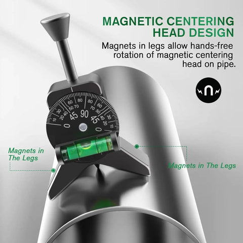 Pipe Center Finder With Magnetic Centering Head For Quick Accurate Pipe Diameter Measurements From One And A Half Inches To Six Inches With A Two And Three Quarters Inches Y Shape Black, showing magnetic attachment on metal pipe.