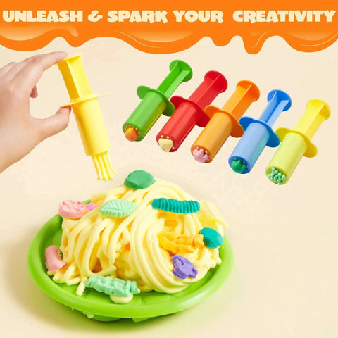 Kids using colorful extruders from the Kids 44 Piece Clay Tools Set With Rolling Pins, Molds, Cutters And Extruder Shapes For Creative Play by JOYIN.