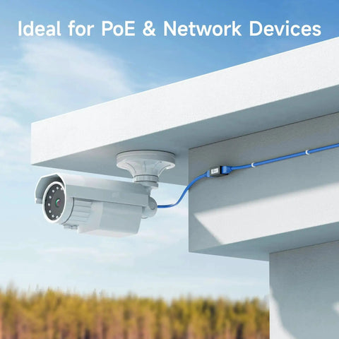 UL Listed 5 Pack Cat6 RJ45 Female To Female Couplers installed connecting a security camera on a building corner, ideal for PoE devices.