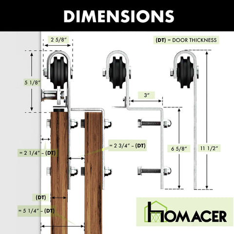 Dimensions diagram of Brushed Nickel Bypass Sliding Barn Door Hardware Kit For Two Doors, 6.6ft Flat Track, Double Door System With Classic Roller Design.