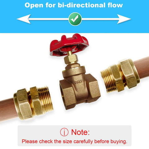 2-inch brass gate valve with red handwheel between copper pipes and brass compression fittings