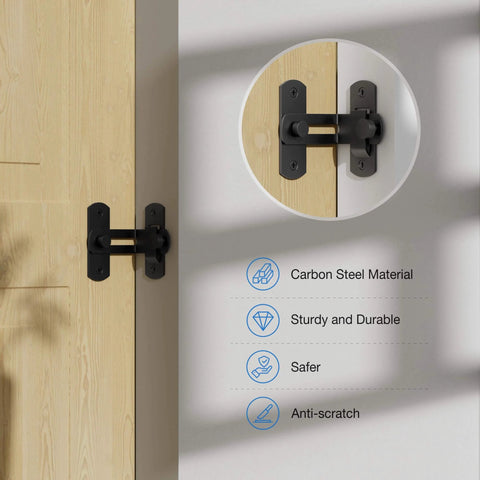 Sliding Barn Door Lock With 90 Degree Flip And 360 Degree Rotation, Privacy Latch installed on wooden door, black metal finish