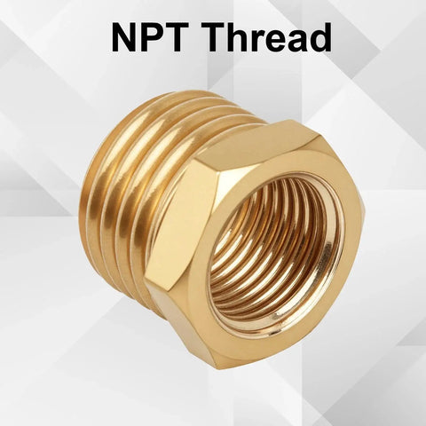 Brass Hex Bushing Reducer One Quarter Inch NPT Male To One Eighth Inch NPT Female Pipe Fitting Adapter displayed on a geometric background.