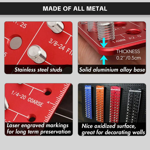 Close-up of Nut And Bolt Thread Checker For Standard And Metric Thread Sizes Screw Size Identifier Gauge That Quickly Sorts Out Up To 28 Bolts And Nuts In Red By GIMYUAN showing metal construction and engraved markings.