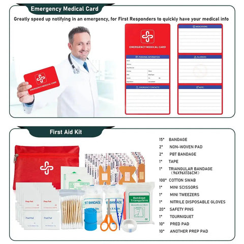 262 Piece Survival Kit With First Aid Pouch And Crossbody Bag For 72 Hour Emergency Preparedness, medical card and supplies