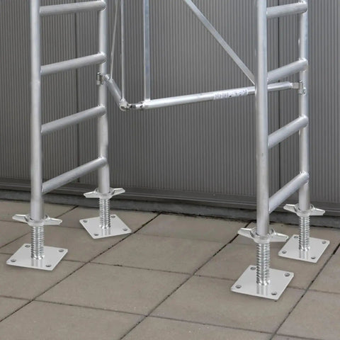 Four Pack Beefy Adjustable Leveling Jacks For Baker Style Scaffolding on solid carbon steel screw jacks, silver finish installed on tile