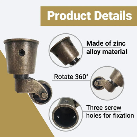 Four Pack Cup Style Swivel Casters For Furniture, Vintage Round Cup Wheels made of zinc alloy, 360° rotation, 2.6 x 1.5 inch