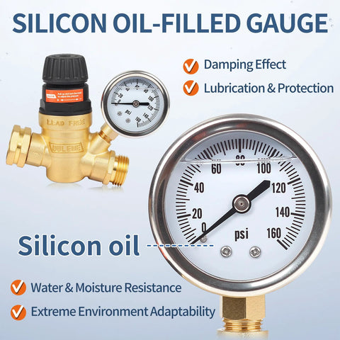 Brass RV water pressure regulator valve with adjustable handle and silicone oil-filled gauge, 3/4-inch connector