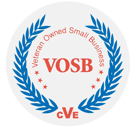 VOSB logo with blue laurel wreath and red text, symbolizing Veteran Owned Small Business accreditation.