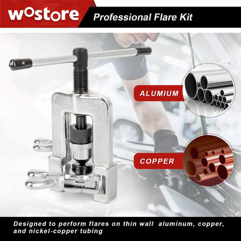 Brake Line Flare Kit for SAE Flares with Tubing Cutter and Pipe Reamer 7 Sizes shown with automotive use and tubing materials.