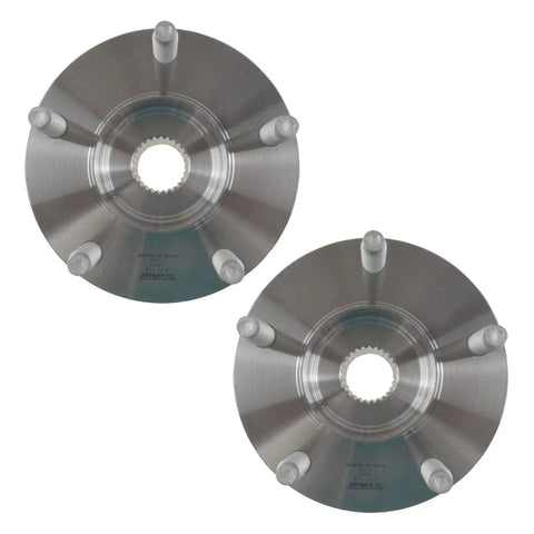 Two Piece Rear Wheel Bearing And Hub Kit For Four Wheel Drive SUVs Includes Two Rear Bearings And Two Rear Hubs Heavy Duty Direct Fit Replacement For 2001 To 2012 Model Years, showing top view of two metal hubs.