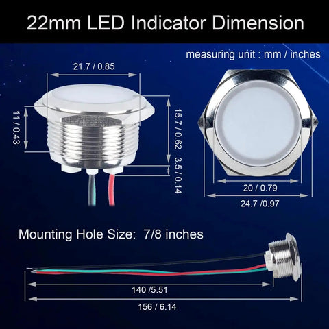 22mm Dual Color Metal LED Indicator Light dimensions diagram with side and top views, 7/8 inch mounting hole size