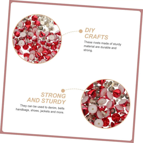 Plastic Decorative Rivet Stud Kit For Clothing And Bags DIY Rivets Buckle Set showing red and silver rivets circles labeled 'DIY Crafts' and 'Strong and Sturdy'.