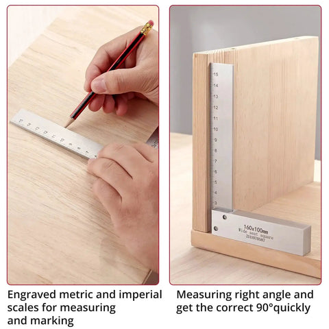Person using Pro Grade Machinist Square Set 2 3 4 6 Inch Right Angle Squares For Precision Layout And Measurement With Hardened Steel Construction Built To Endure Tough Workshop Conditions Ideal For Metalworking Carpentry And DIY Projects By XUNTOP on a wooden sheet with metric scale.
