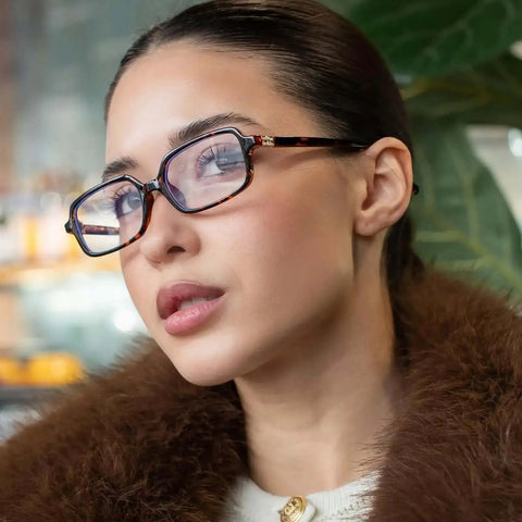 Retro Rectangle Blue Light Glasses For Women And Men with Leopard Print Tortoise Shell Frames, worn by a model for screen time