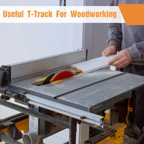Person using table saw with Four Pack 60-Inch Universal T Track Rails With Predrilled Holes, Aluminum T Track With Screws For Woodworking Jigs