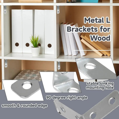 Heavy Duty L Bracket Corner Braces 20 Pack 1.5 Inch Right Angle Mounts for wood shelves, showcasing zinc-plated steel brackets installed.