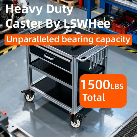 Heavy Duty Industrial Casters Set Of 4 With Locking Swivel Top Plate Wheels For Furniture And Workbench Carts, shown on cart