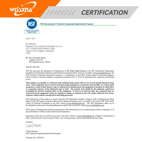 Wissxna silicone grease certification page with NSF seal and Wissxna logo