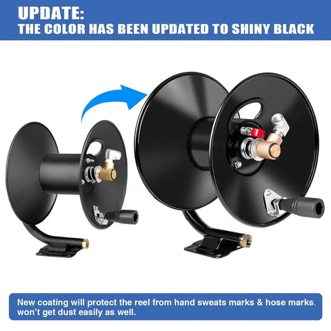Heavy Duty Pressure Washer Hose Reel With 4000 PSI Rating, hand crank metal reel, shiny black update, side and front view