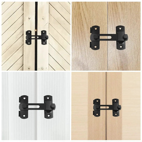 2 Pack Sliding Barn Door Lock Hardware Carbon Steel With Matte Black Finish For Barn Doors Cabinets Windows Closets Gate Latches, Durable Rust Resistant Door Locks For Indoor Use, Secure Latching And Easy To Install, installed on various wooden surfaces.