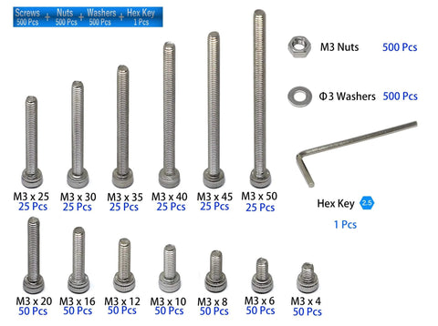 M3 Stainless Steel 304 Hex Socket Head Cap Screws Assortment Kit, 13 Sizes From 4Mm To 50Mm, 2.5Mm Hex Drive, includes nuts, washers