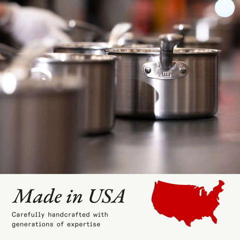 Stainless steel pots with handles on a countertop, "Made in USA" text and USA map silhouette in red