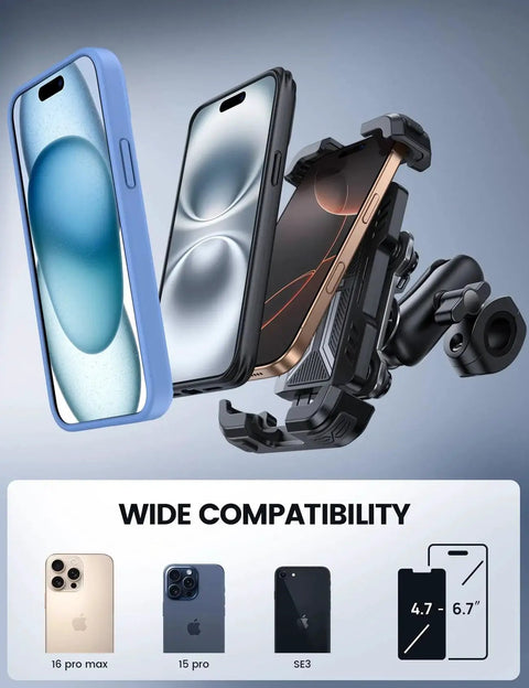 Rugged Motorcycle Phone Mount with Dual Vibration Dampener and Metal Adjustment Arm showing wide compatibility with smartphones.