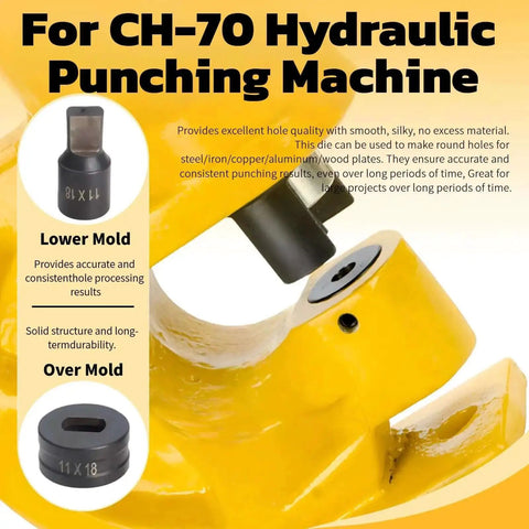 Beefy, Heavy Duty Slotted Die For CH-70 Hydraulic Punch Press, 4x13mm Hole Punch, showing die installation and key features.