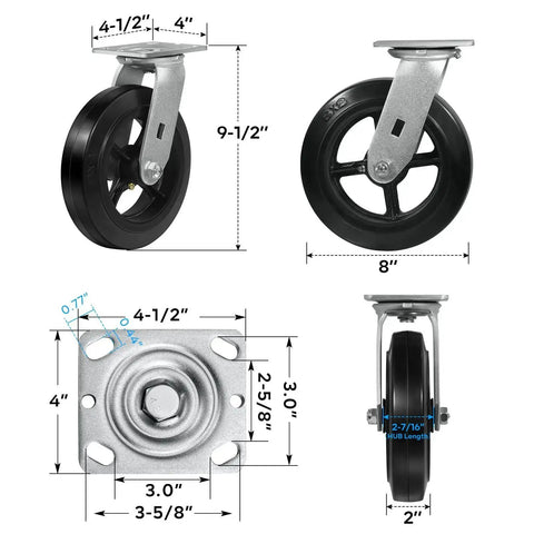 Diagram of Heavy Duty 8 Inch Swivel Caster Wheels Set of 4 With Rubber Tread And Cast Iron Core No Noise Shock Absorbing Non Marking