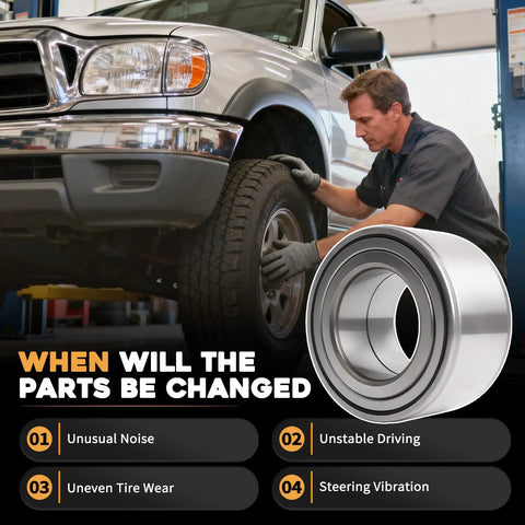 Mechanic installing front wheel hub bearing replacement for Tacomas, 4Runners, Tundras, and Sequoias 1995-2007